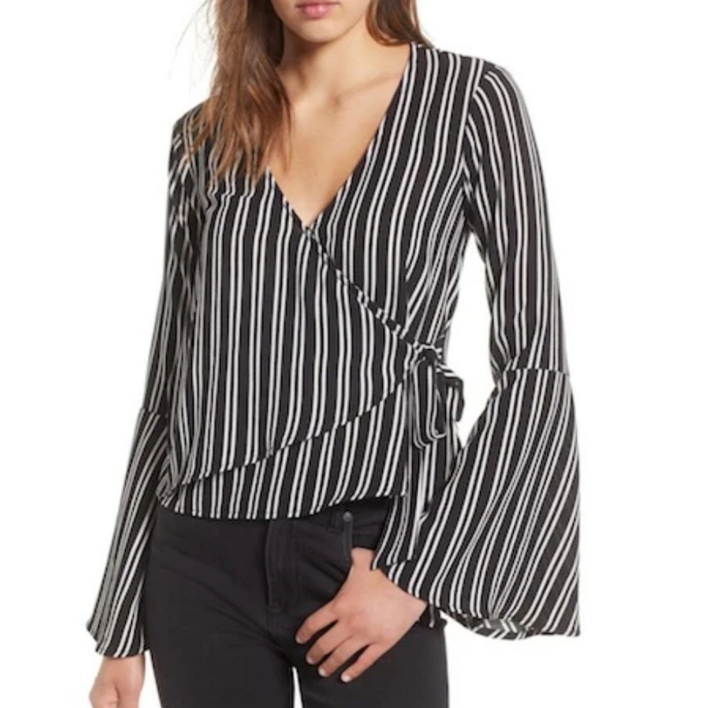 CHLOE & KATIE Black and White Strip Wrap Blouse with Bell Sleeves - SMALL